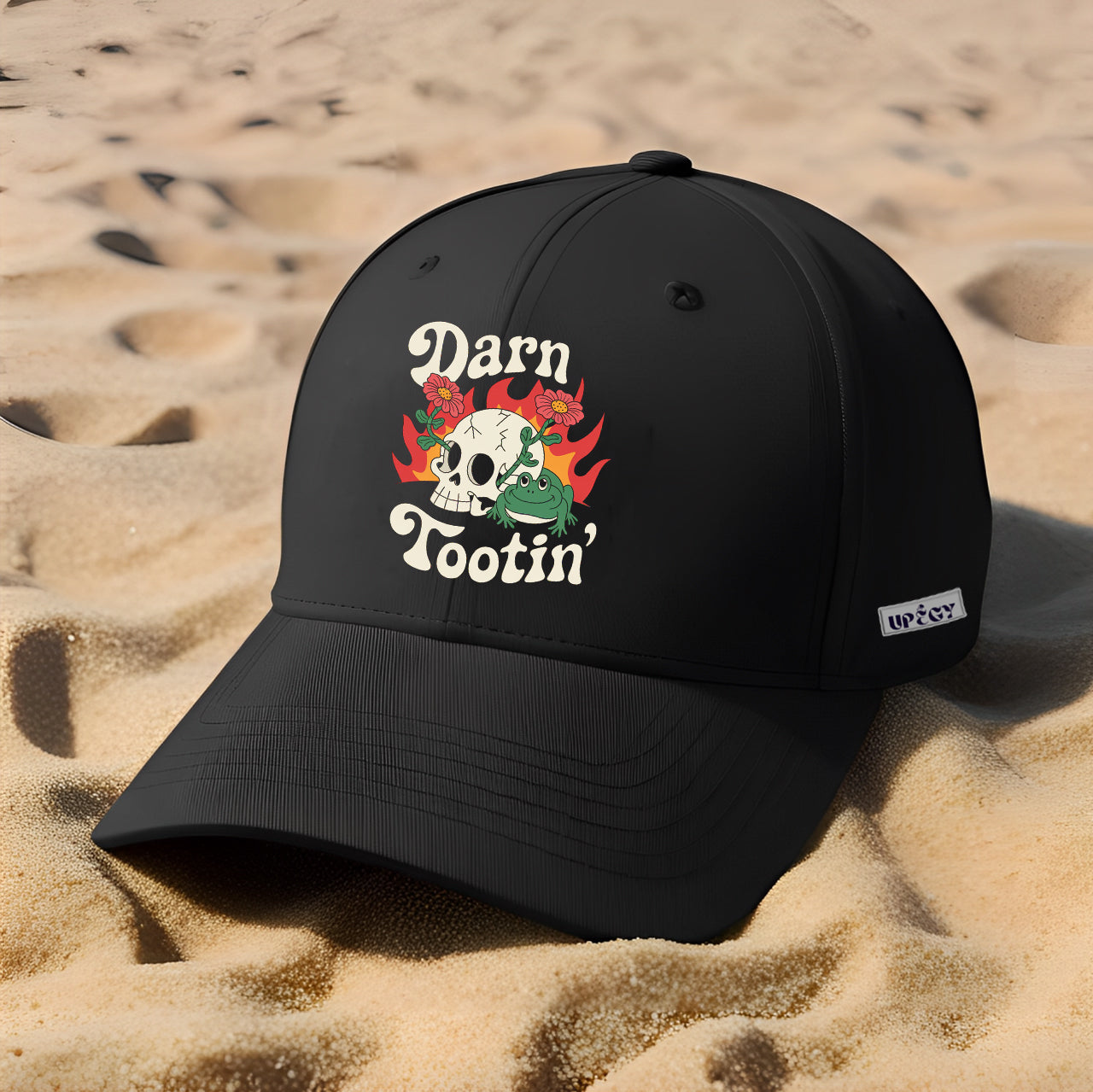 Darn Tootin Printed Cap, Funny Skull, Frog Design On Black Hat