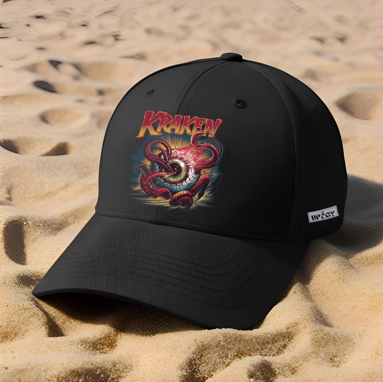 Kraken Printed Cap, Fierce Red Tentacle Eye Design Black Hat