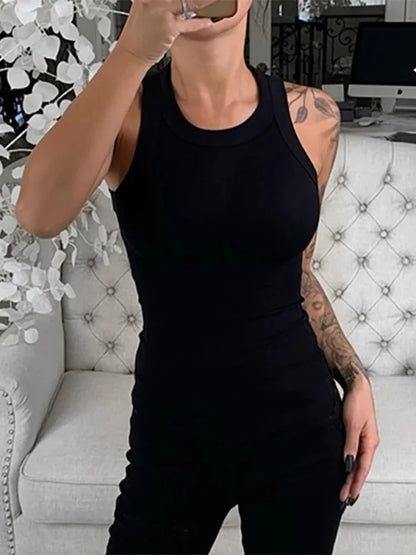 Women’s Solid Ribbed Tank Top – Elastic, Round Neck, Basic