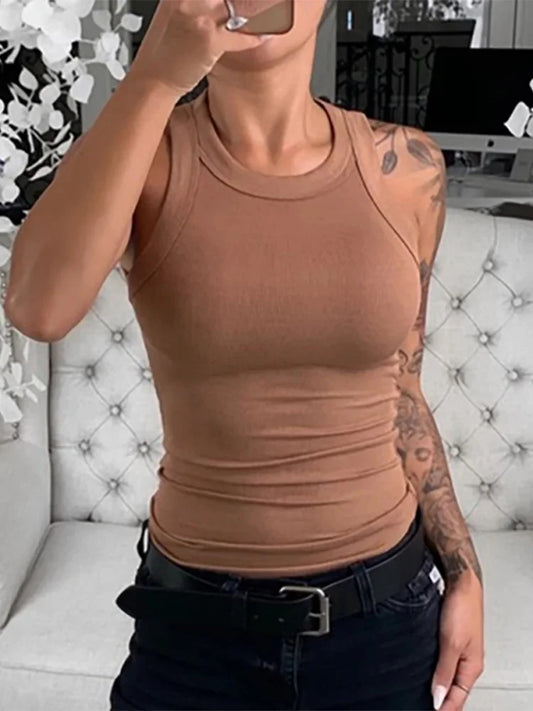 Women’s Solid Ribbed Tank Top – Elastic, Round Neck, Basic